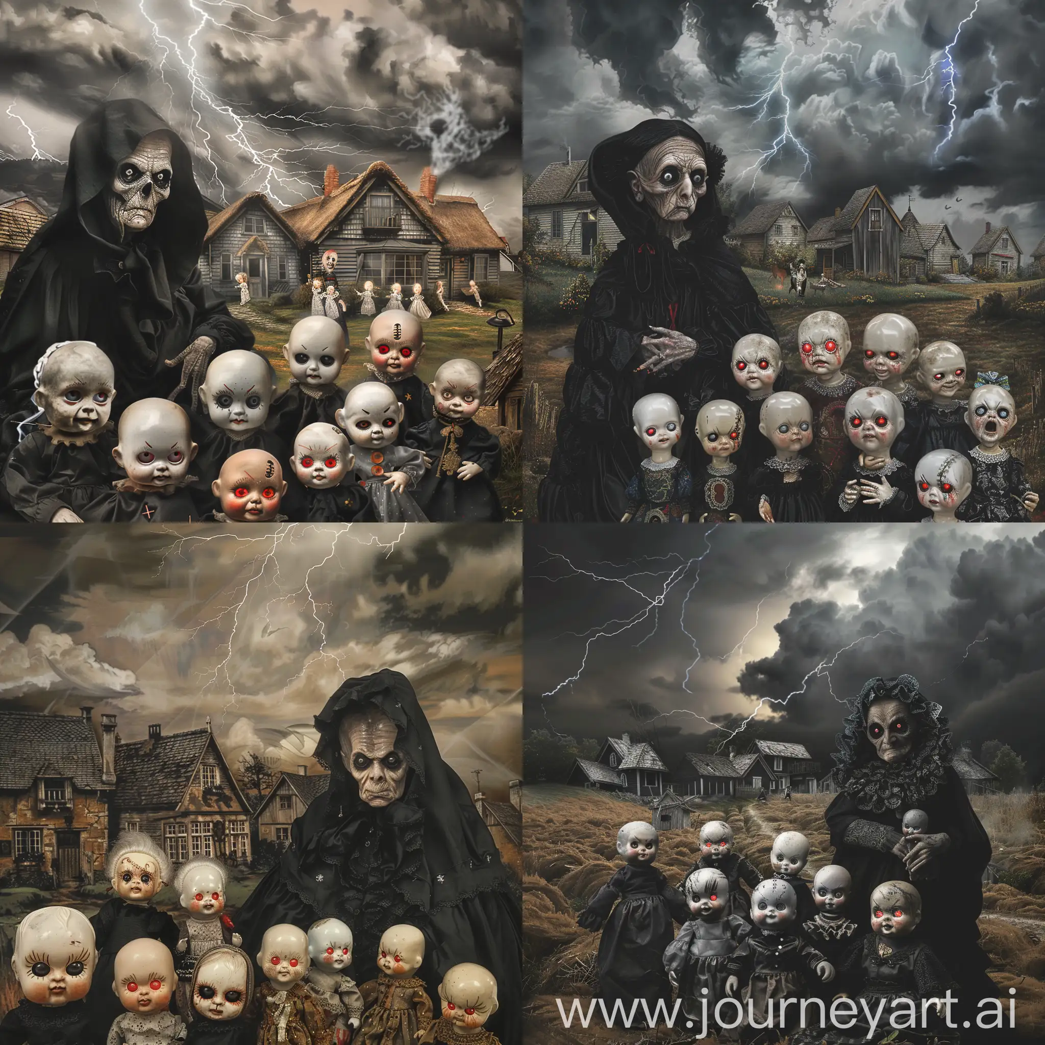 Eerie-BlackEyed-Old-Woman-Surrounded-by-Sinister-Porcelain-Dolls-in-Stormy-Cottage-Setting