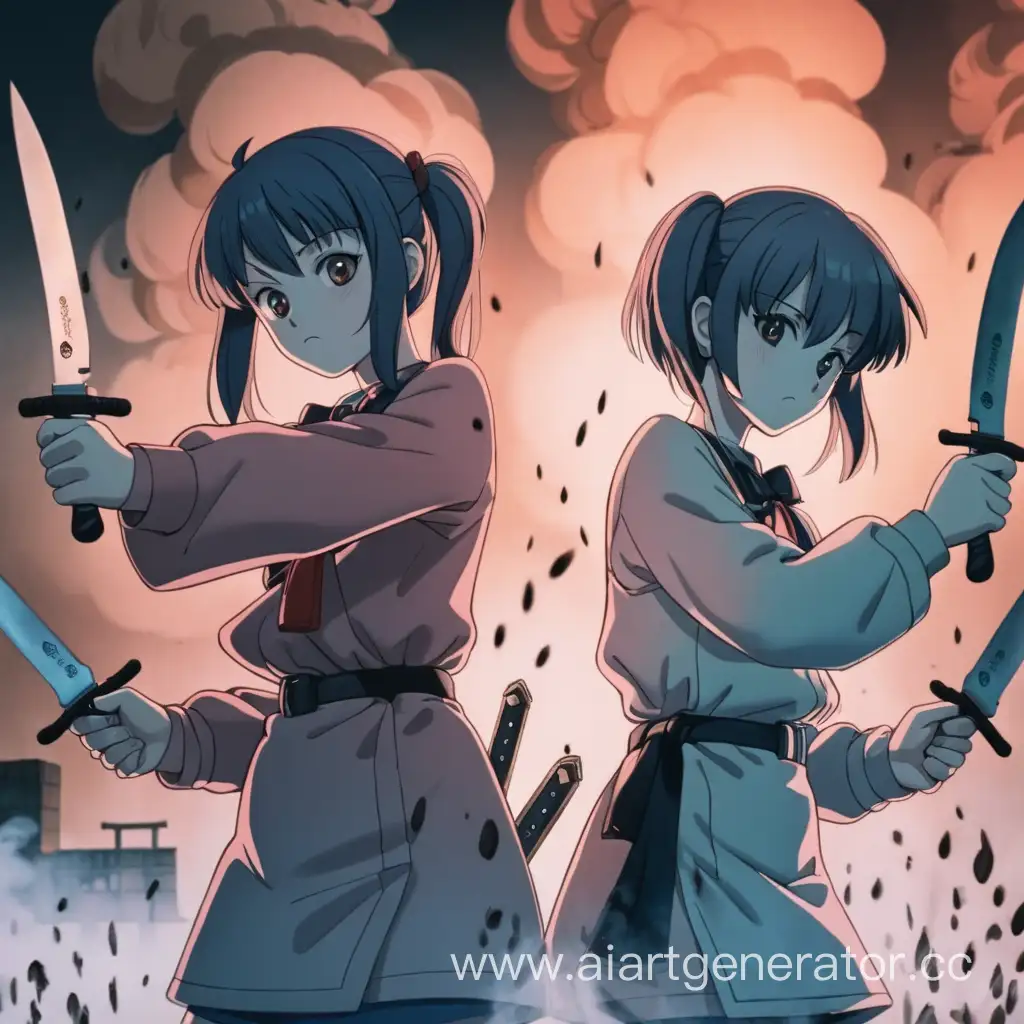 две аниме девушек с ножами в руках на фоне дыма