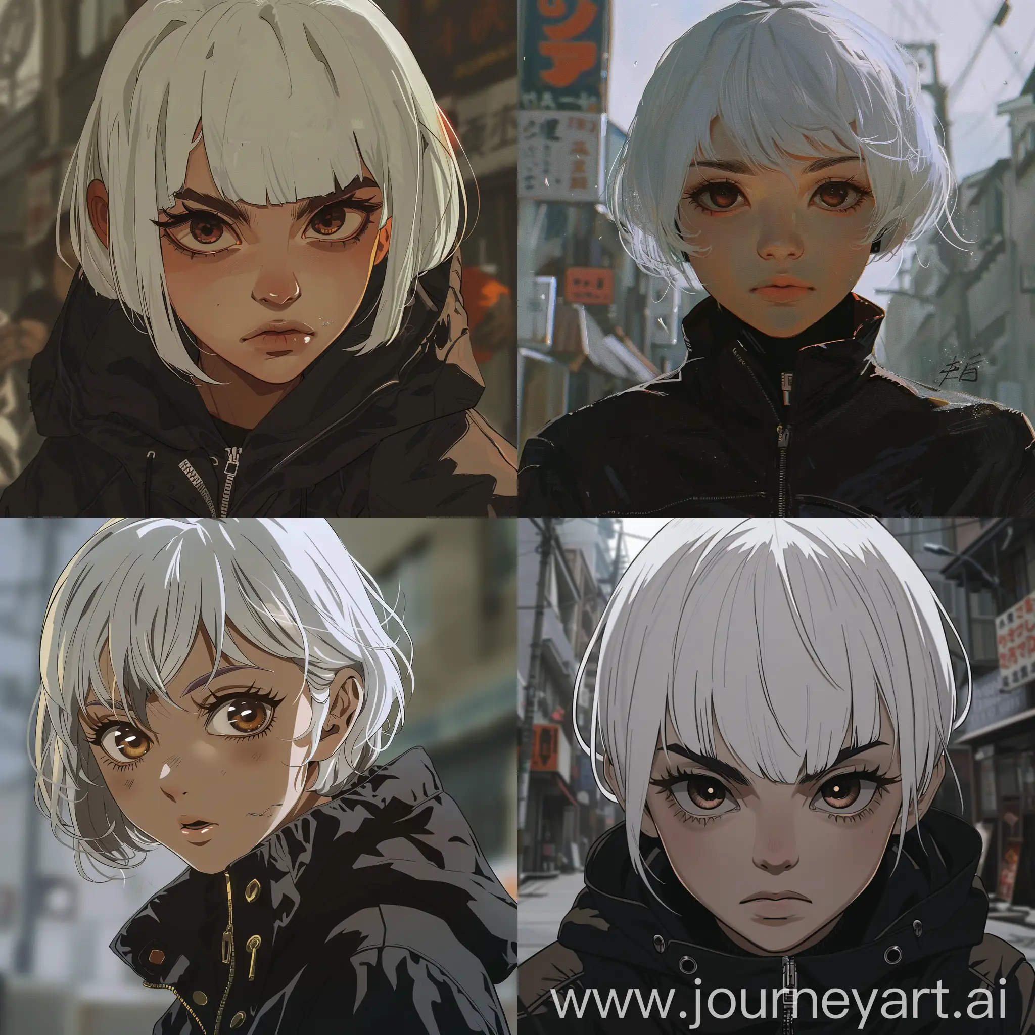 Badass-Anime-Woman-with-Short-White-Hair-in-Detailed-Black-Jacket-Retro-Street-Style