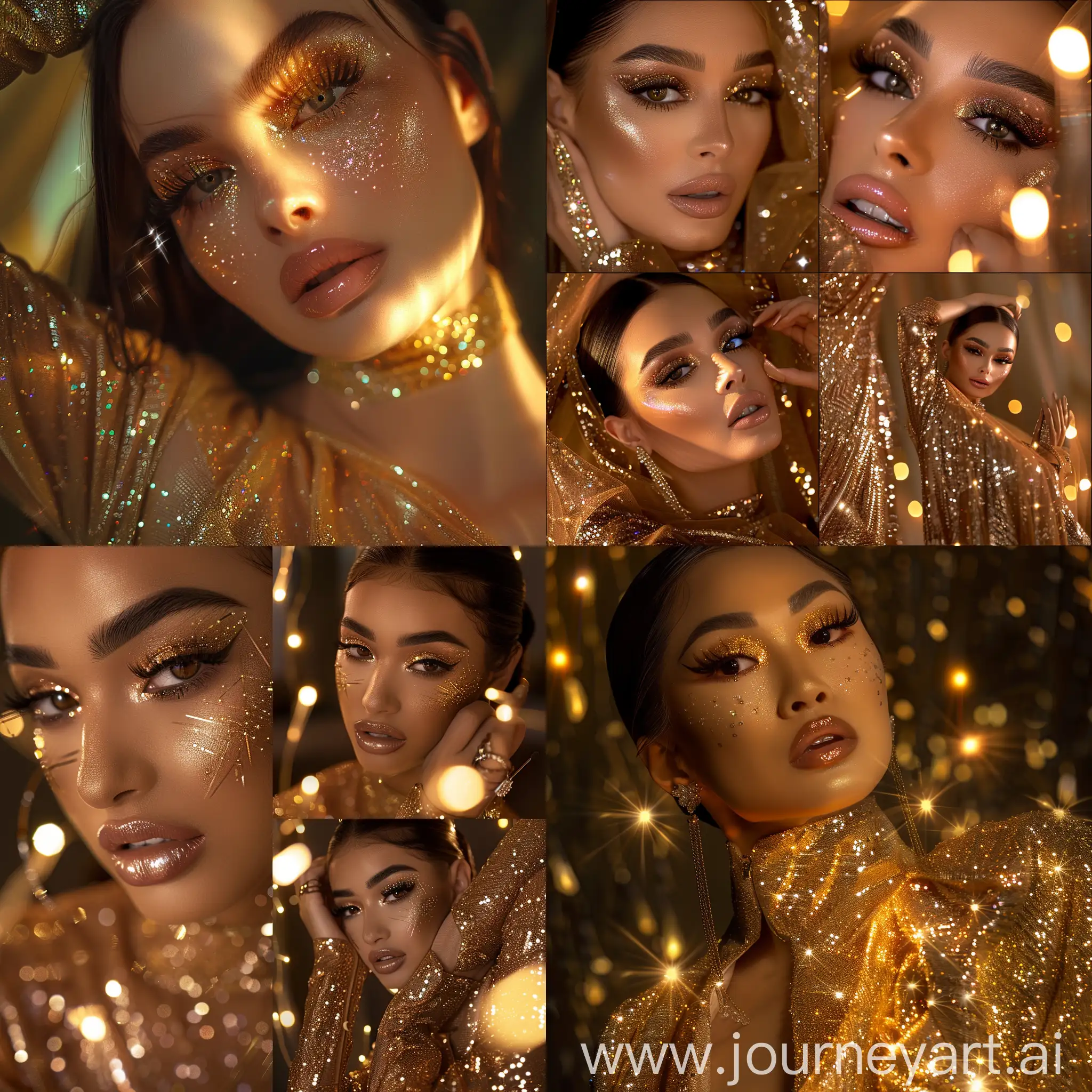 A beautiful model, gorgeous skin, glowing, shimmering, full glam makeup, beautiful arched eyebrows, golden outfit with sparkles, photography shoot, beautiful lighting, shot taken on Nikon 78, 85mm lens, sharp, clear and crisp image, 8k shot, different angles and poses --v 6 --ar 1:1 --no 7447