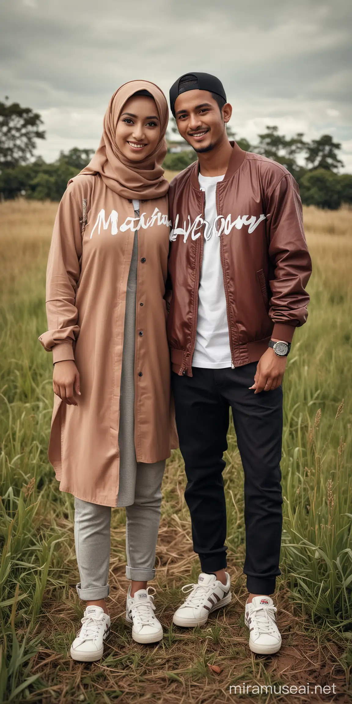 foto ultra Realistis dari pasangan indonesia suami dan istri ( berhijab ) berumur 25 tahun mengenakan jaket Casual bertulisan " MARRON ", sepatu kets, berdiri dengan gaya mesra, di padang rumput, Efek dramatis, karikatur yang sangat detail, foto yang sangat realistis.