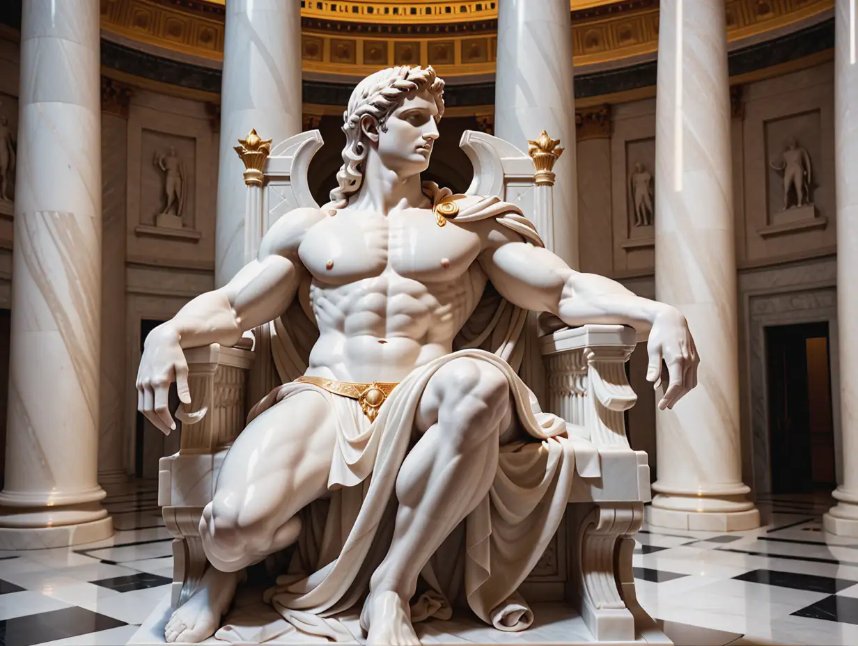 The majestic Apollo, the embodiment of grace and strength, stands before us in marble majesty. He as if emanates an air of impenetrable mystery, shielding his face from curious eyes with his hand. Sitting on a wide marble throne, he ponders into the distance, stirring awe and admiration with his sight.
The background is filled with subtle hues, where sunbeams play on the smooth surface of the marble. The detailed features of the statue - folds in the clothing, jewelry, and designs on the throne - add depth and realism to the image. The piercing gaze of Apollo broadcasts the main accents of the composition, adding elements of mystique and unmatched decorative element to his persona