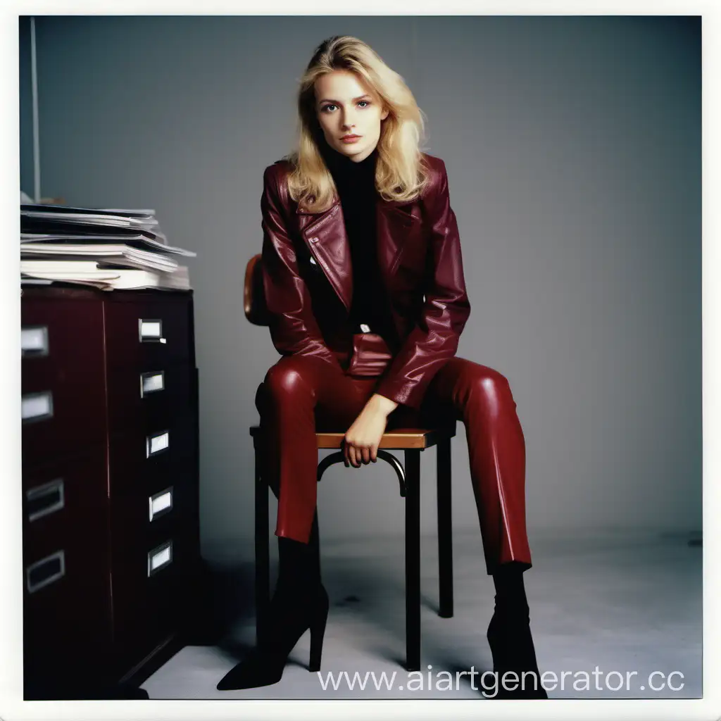 Office, sitting on a chair, Boss, red pants, Girl, blonde, red SHIRT, dark red leather jacket, Polaroid photo, gray eyes, nineties, aristocratic posture