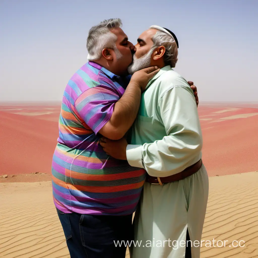 A fat man with grey hair wearing a rainbow shirt kisses an arab man in the desert
