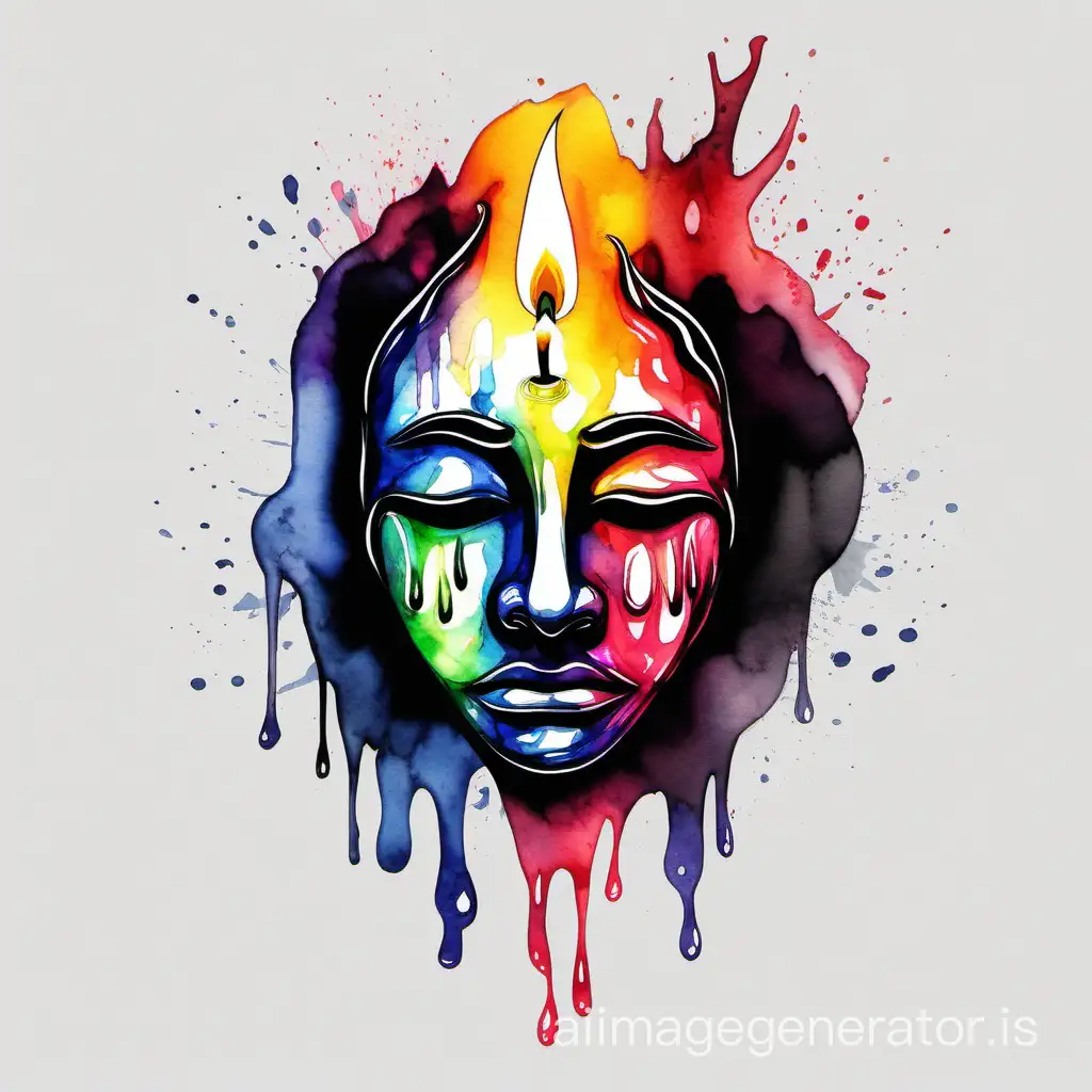 Abstract cartoonish watercolor design of a melting human candle mask crying and sad, sumi-e watercolor style, color splash, multicolor palette, design suitable for tshirt print, and with total black background