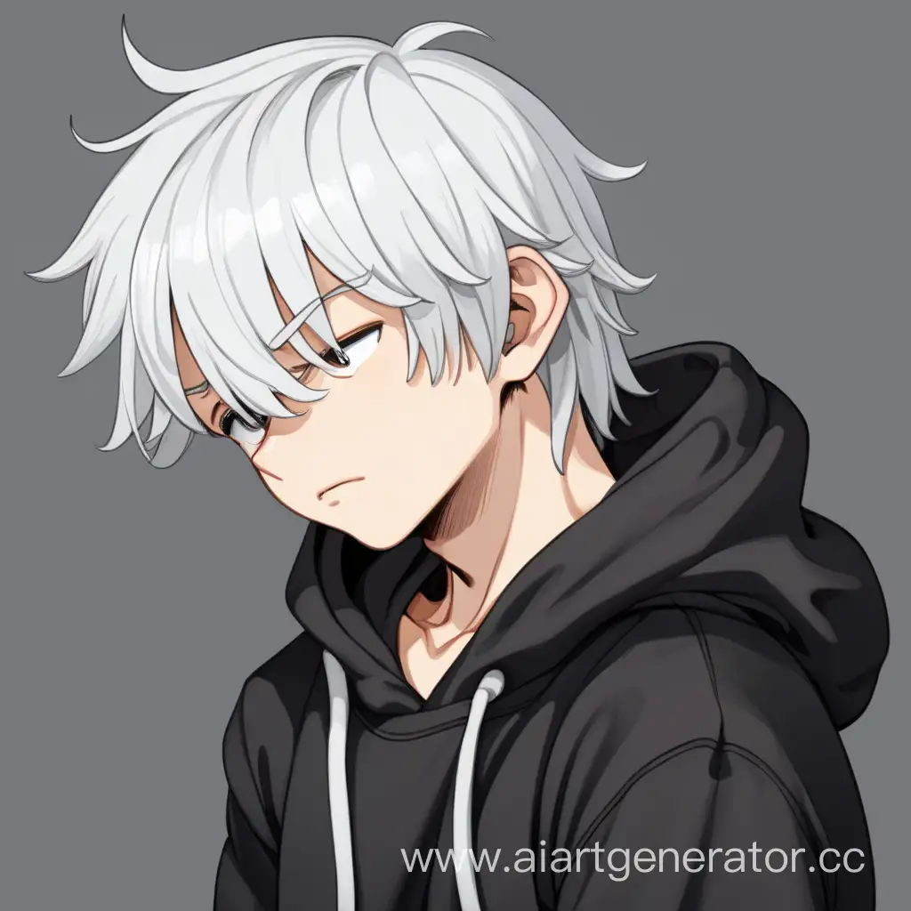 a tired white-haired boy in a black hoodie, white background
