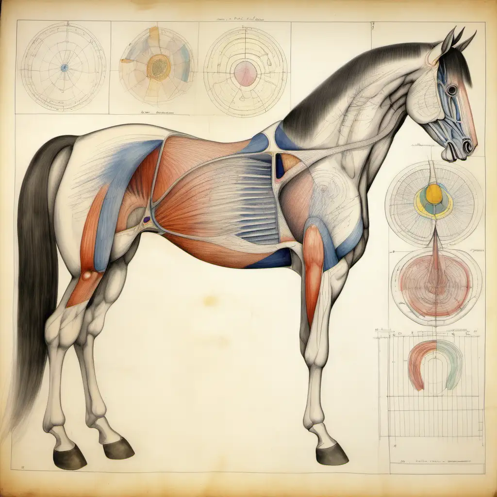 An old drawing of a horse anatomy, pencil drawing, authentic, artistic , Hilma af Klint style , detailed, watercolors