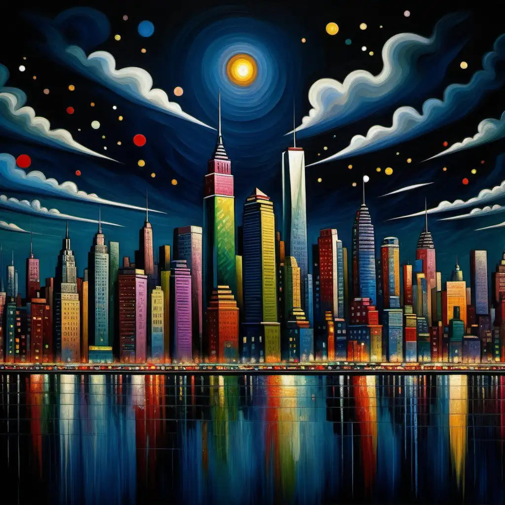 City New York, photorealistic, impressionist, like Wassily Kandinsky, very detailed, night