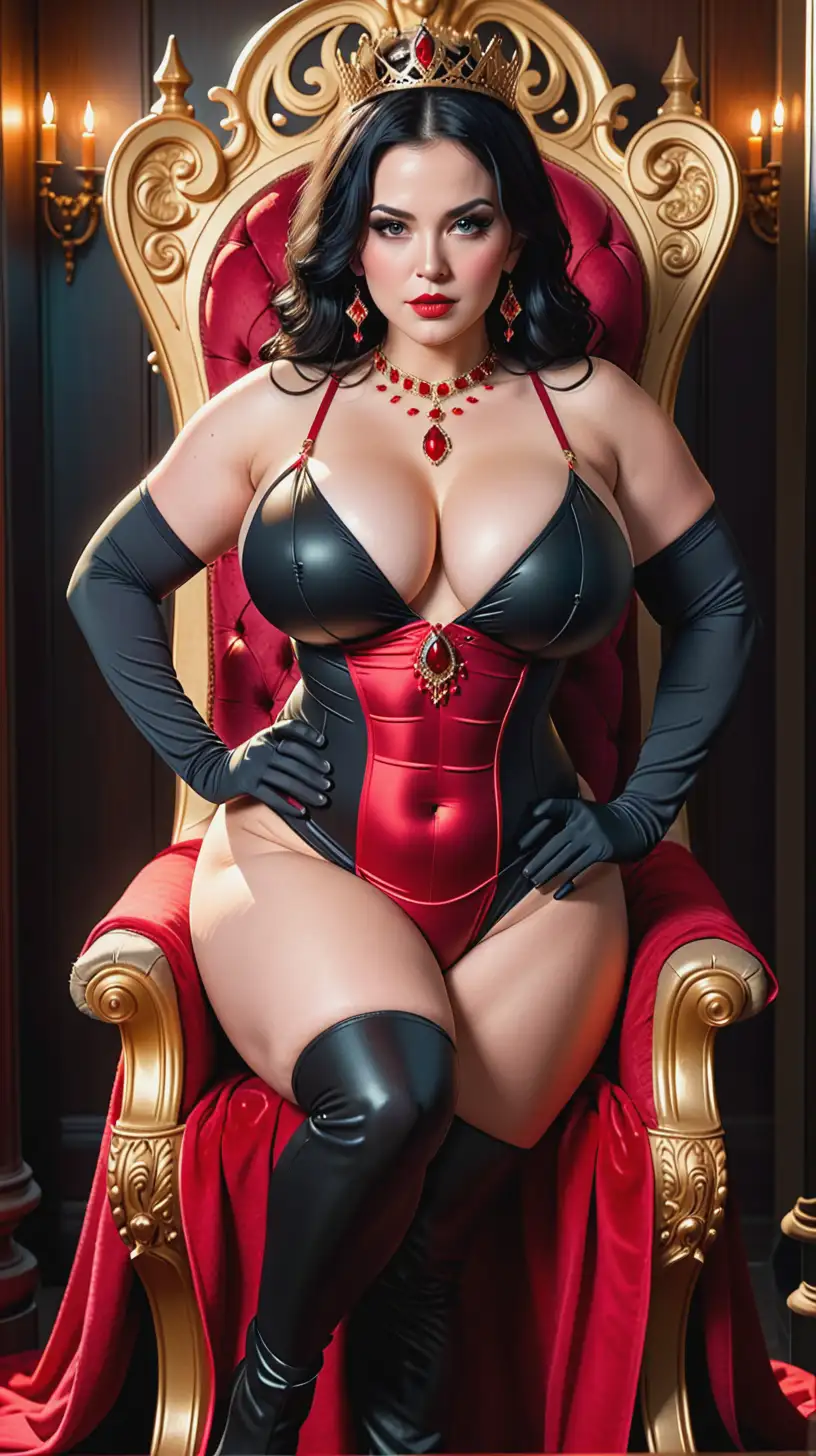  a close image of a sexy, stunningly beautiful mature and royal queen, a fan fatale, curvy body, floating black hair, She stands at 5'7" and has a curvaceous figure, wearing red and black tight slutty clothing with ruby jewellery, black thong high heeled boots and gloves covered in rubies and gold jewels, red makeup, Inside a throne room in a detailed fantasy style 
