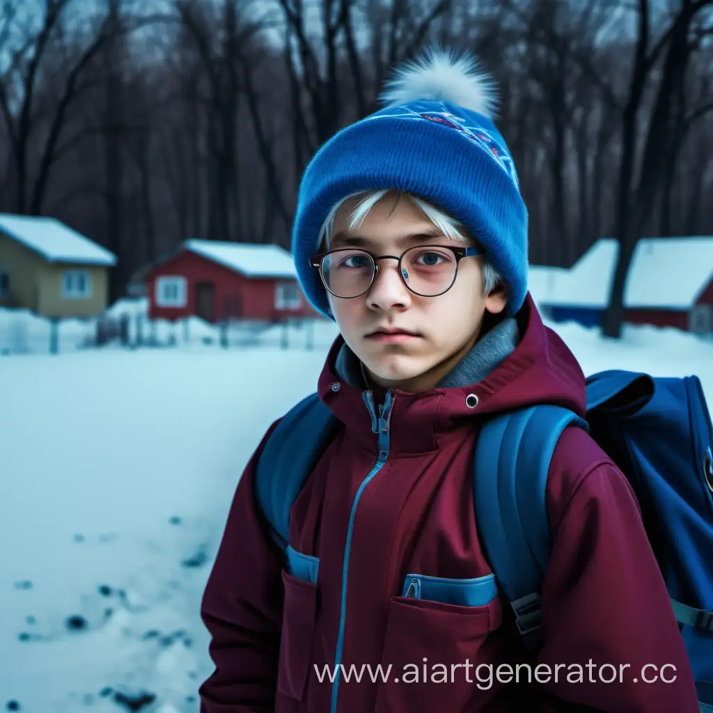 12-ти летний русский мальчик в зимней бордовой куртке и синей шапке, в очках, с белыми волосами, с портфелем на плечах смотрит на меня с подозрением в посёлке образец конца 90-х, зимней пасмурной ночью 