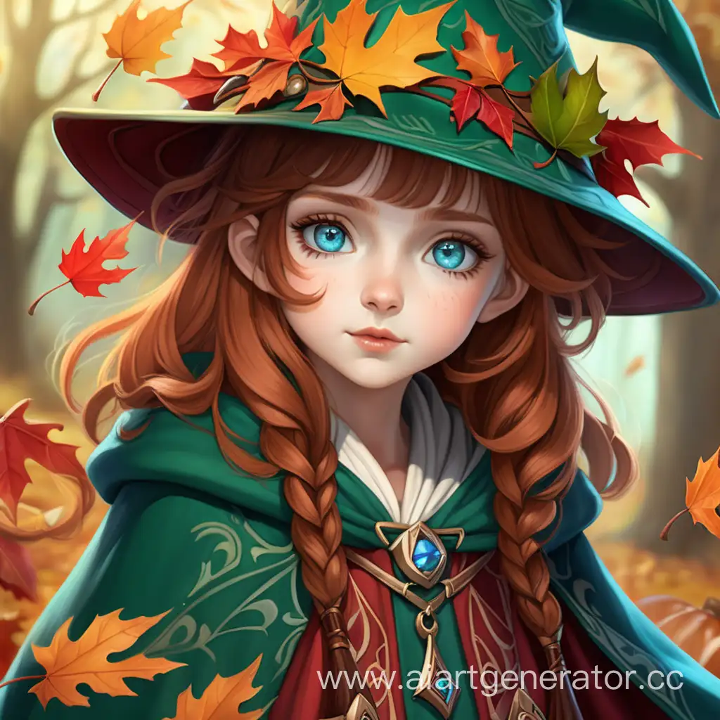 Enchanting-Sorceress-with-Wild-Magic-Blueeyed-Enchantress-in-Green-Hat-and-Autumn-Leaf-Cloak