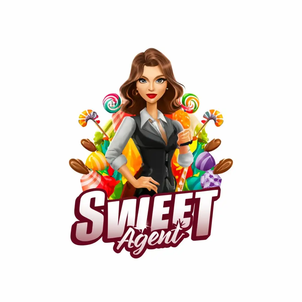 a logo design,with the text "The Sweet Agent", main symbol:Flowers, Candy sweets and a female agent,Moderate,clear background