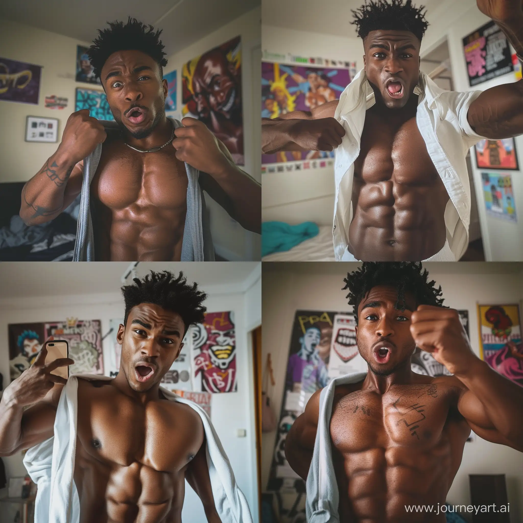 Un homme afro-américain au style streetwear fait un selfie décontracté . Il fait une grimace amusante tout en soulevant son pull pour montrer fièrement ses abdos sculptés. L'image est un selfie pris avec son téléphone, donnant une touche authentique et spontanée. L'éclairage est naturel, mettant en valeur les détails de son visage et de son physique. Le décor de la chambre est urbain, avec des affiches de street art en arrière-plan. Cette photo incarne l'attitude cool et décontractée du streetwear.