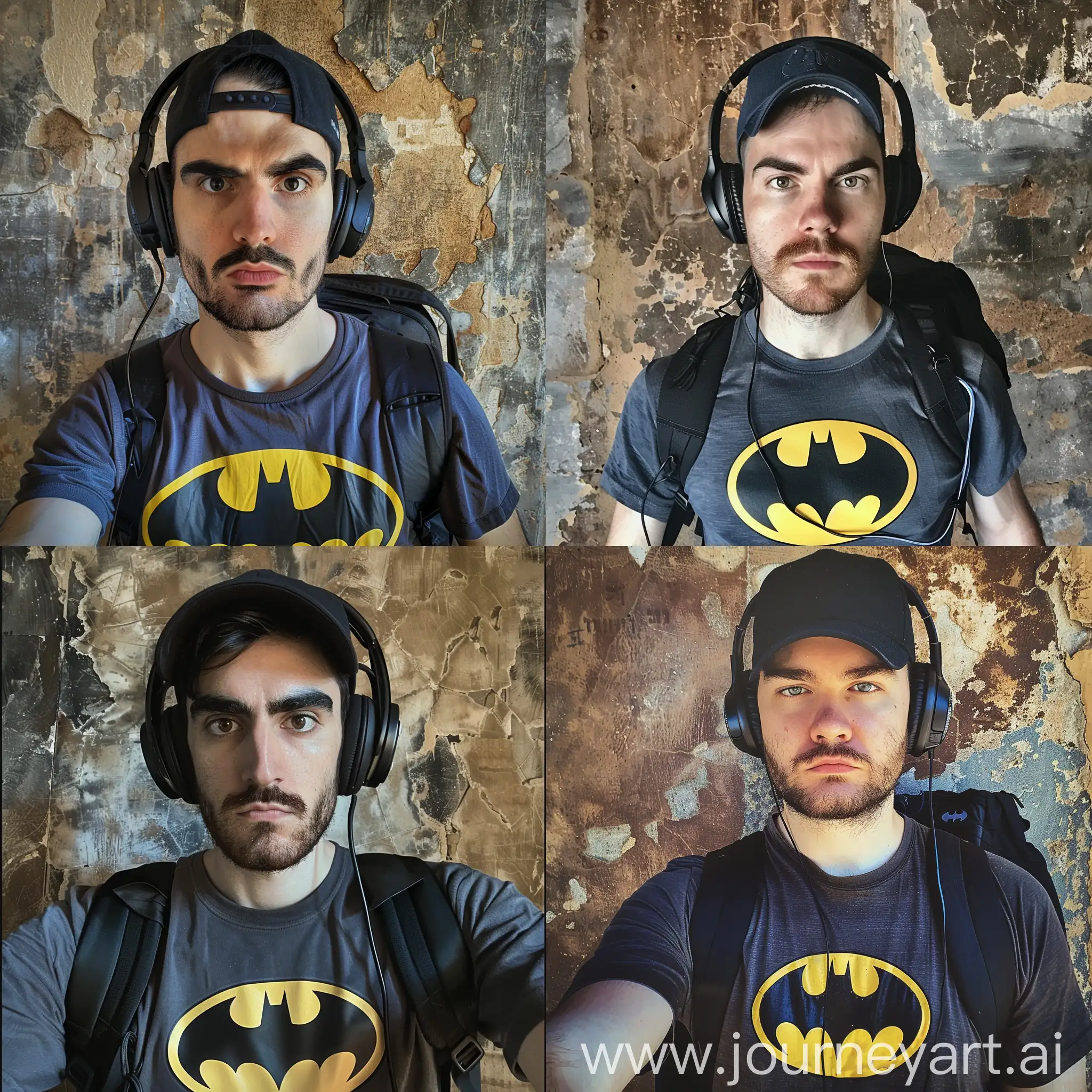 Young-Man-with-Batman-Shirt-and-Backpack-Listening-to-Music-Against-Aged-Wall