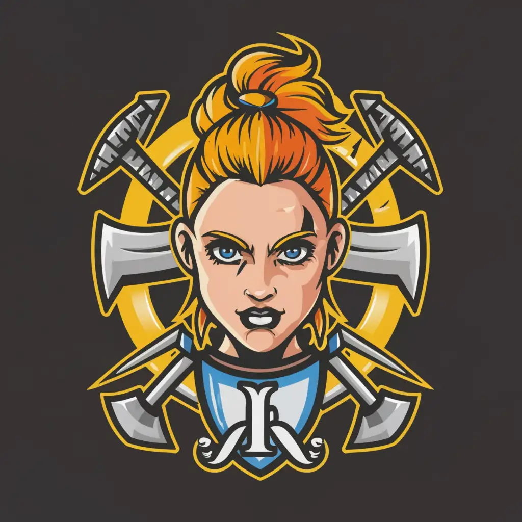 a logo design,with the text 'Front Toward Enemy', main symbol:girl face, axe, sword, shield, high bun hairstyle,Moderate,clear background
