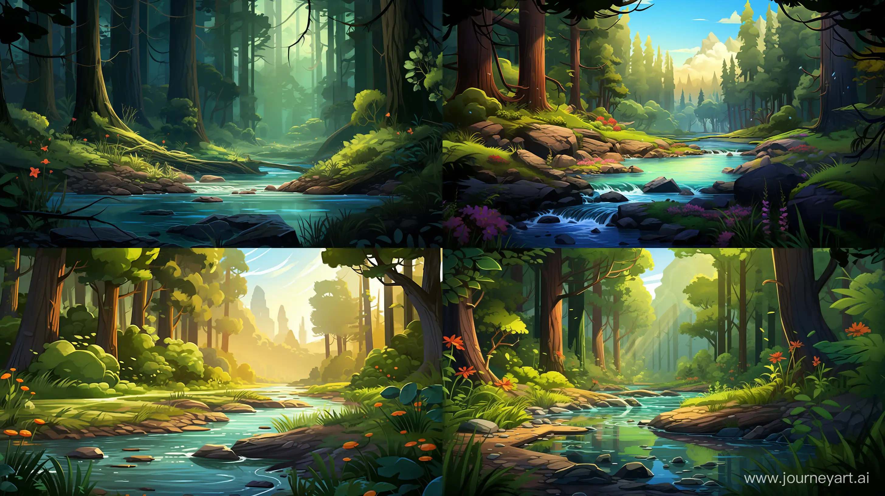 Stylized digital illustration of a serene river flowing through a lush forest, inspired by Hudson River School artists, rich colors, high contrast, soft lighting, 8k resolution --s 150 --ar 16:9 --c 5 --v 5.2