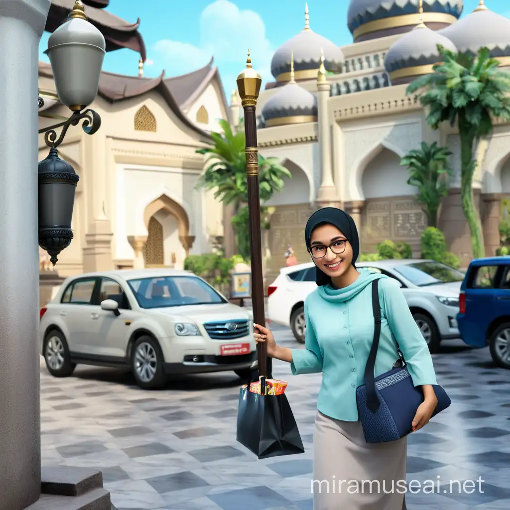 A typical muslim girl as a 3d Disney-Pixar character borrow hampers with Indonesian Mosque scenery as the background