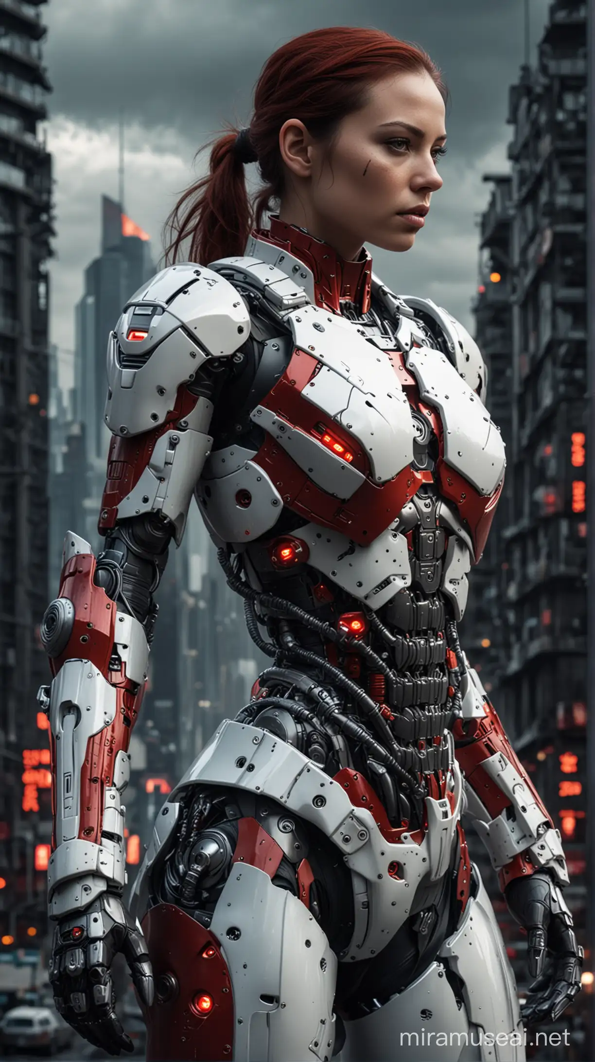 Cyborg woman in red with accent white armour mechanical armour suit,darkness Electronic, Photo realistic,dark apocalypses cityscape backdrop, cinematic, HDR.