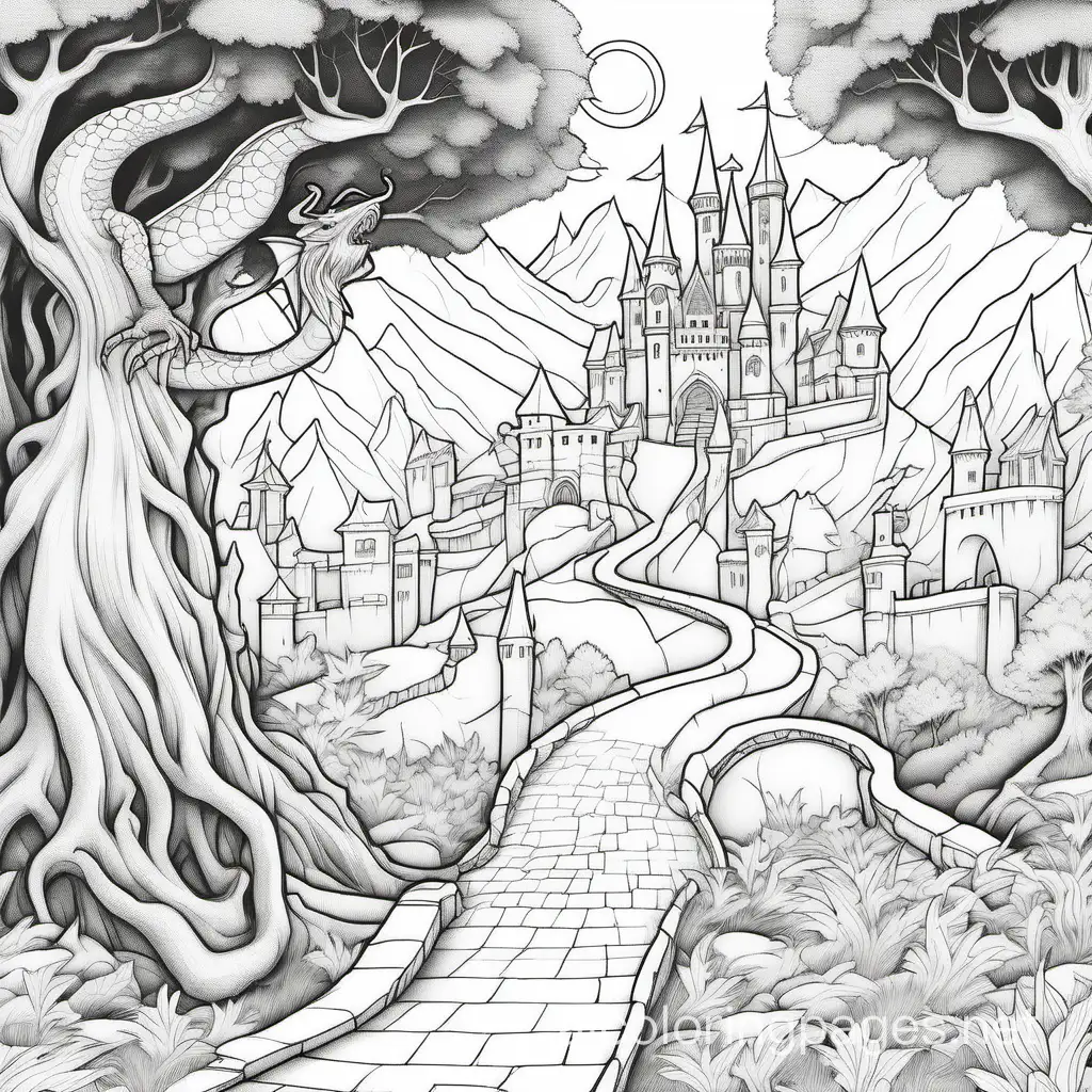a medieval realm with a road alongside a tree,  a wizard, and a dragon , Coloring Page, black and white, line art, white background, Simplicity, Ample White Space. The background of the coloring page is plain white to make it easy for young children to color within the lines. The outlines of all the subjects are easy to distinguish, making it simple for kids to color without too much difficulty