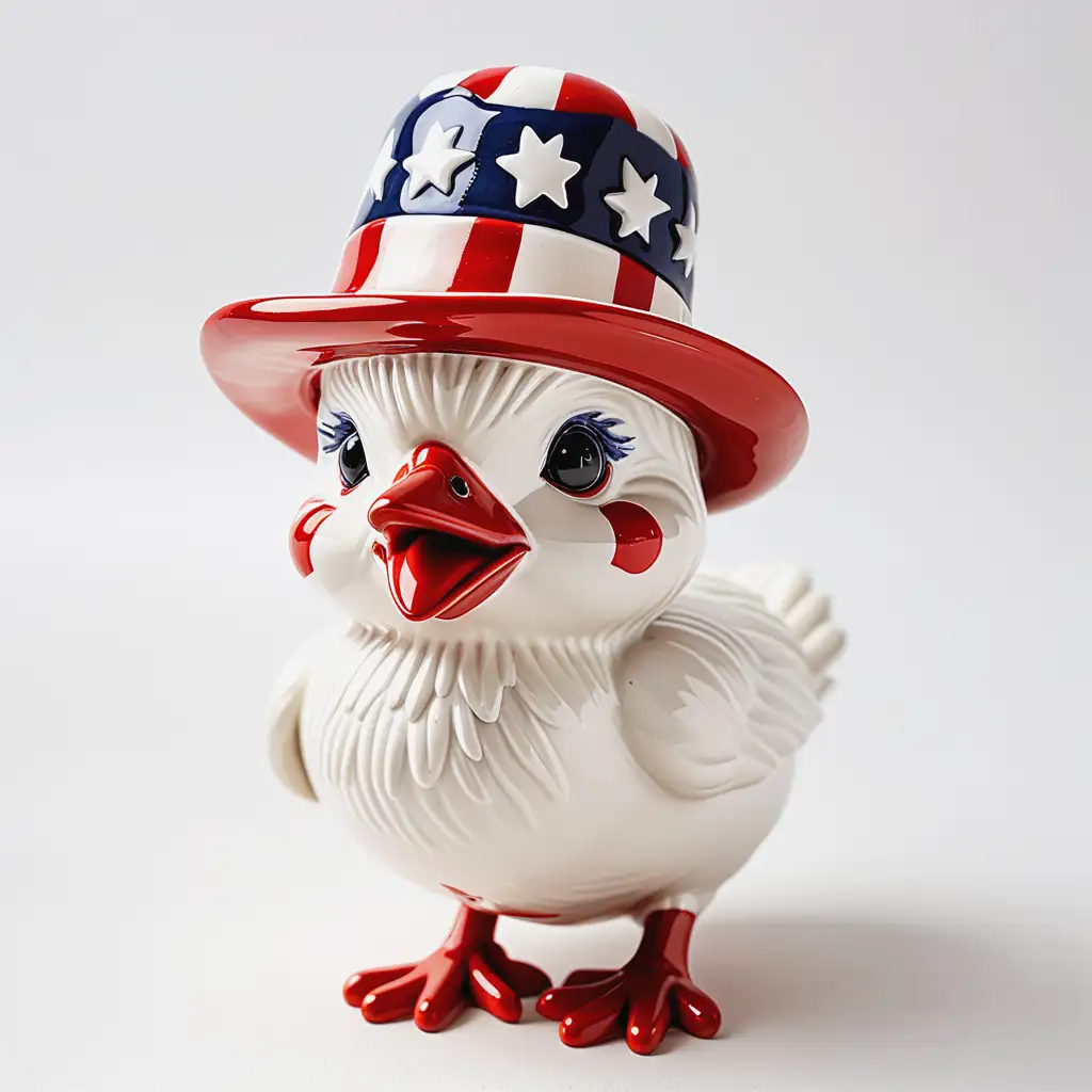Cute Ceramic American Chick in Red and White Hat on White Background