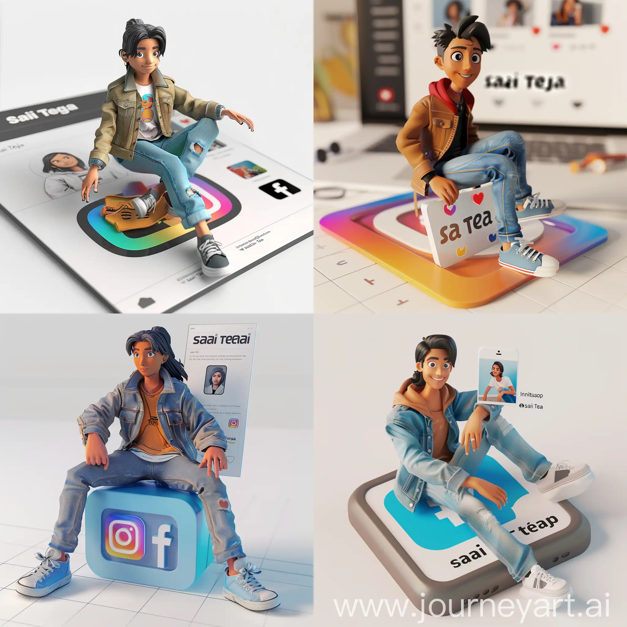 Create a 3D illustration of an animated character sitting casually on top of a social media logo "Instagram". The character must wear casual modern clothing such as jeans jacket and sneakers shoes. The background of the image is a social media profile page with a user name "sai teja" and a profile picture that match.
