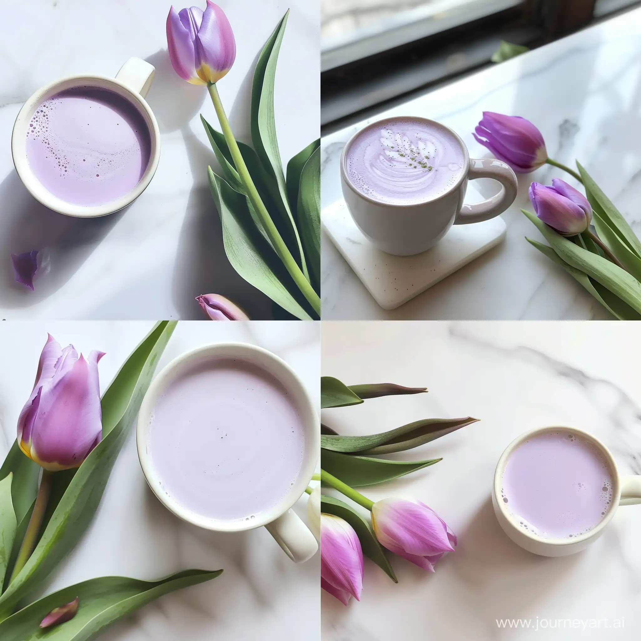 Lavender colored latte on a white marble table next to a tulip