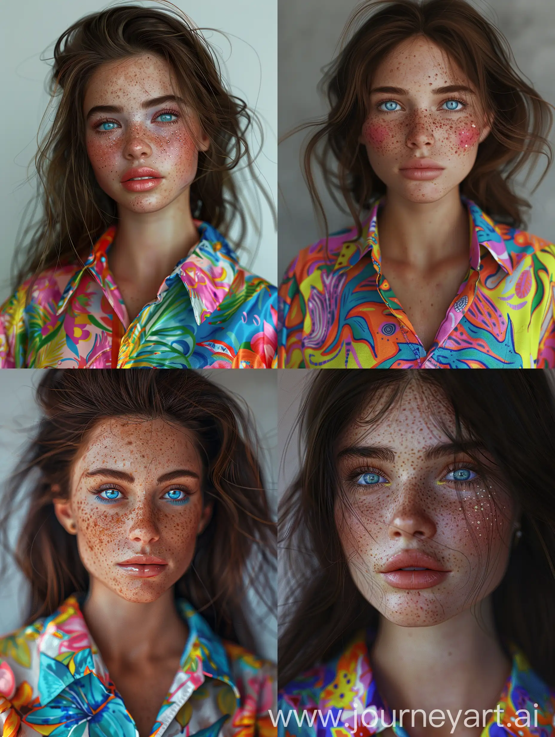 hyper realistic portrait of a beautiful girl with brunette hair, fair skin, freckles on cheeks, blue eyes, vibrant colors, wearing a colorful shirt, ultra high quality, 8k render, hdr
