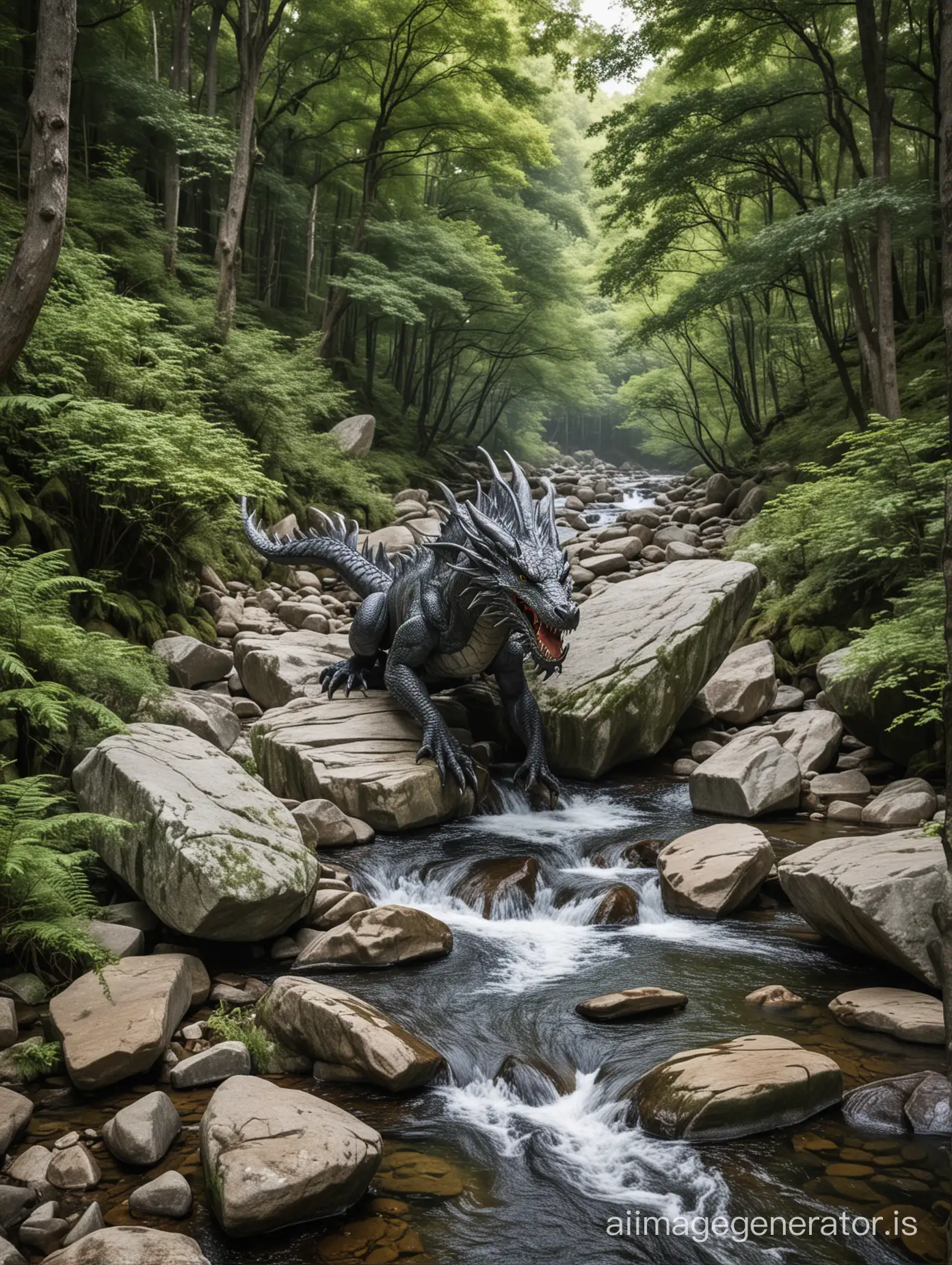 un dragon sortant d'une rivère de forêt bordée par de grandes pierres arrondies de granit