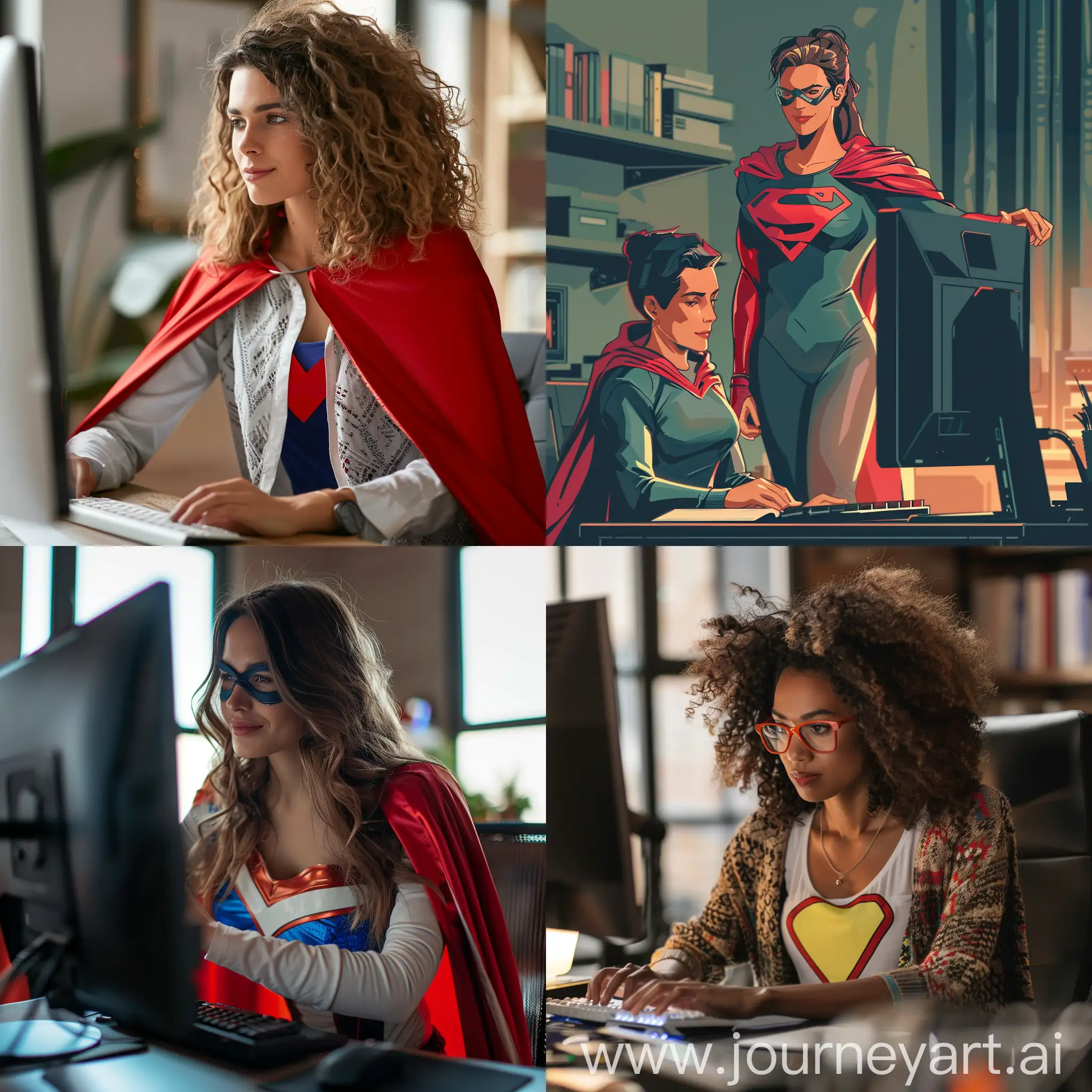 bilgisayar başında yardım eden kadın 
süper kahraman