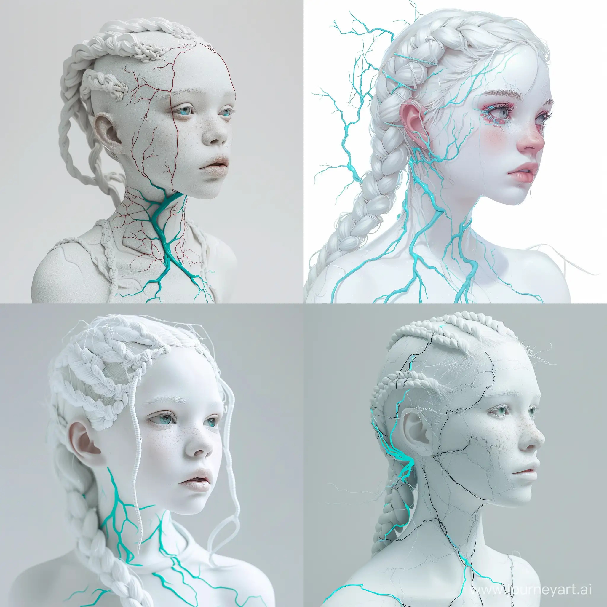 girl with white skin; white braided hair with turquoise blue veins; While the hair is open to the right; Bust ; with high accuracy