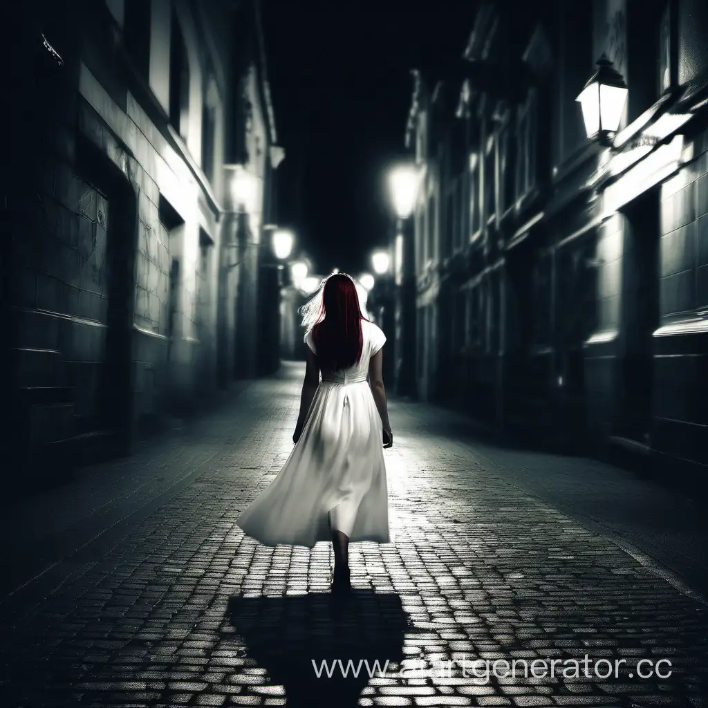 Девушка идет по темной улице в белом платье