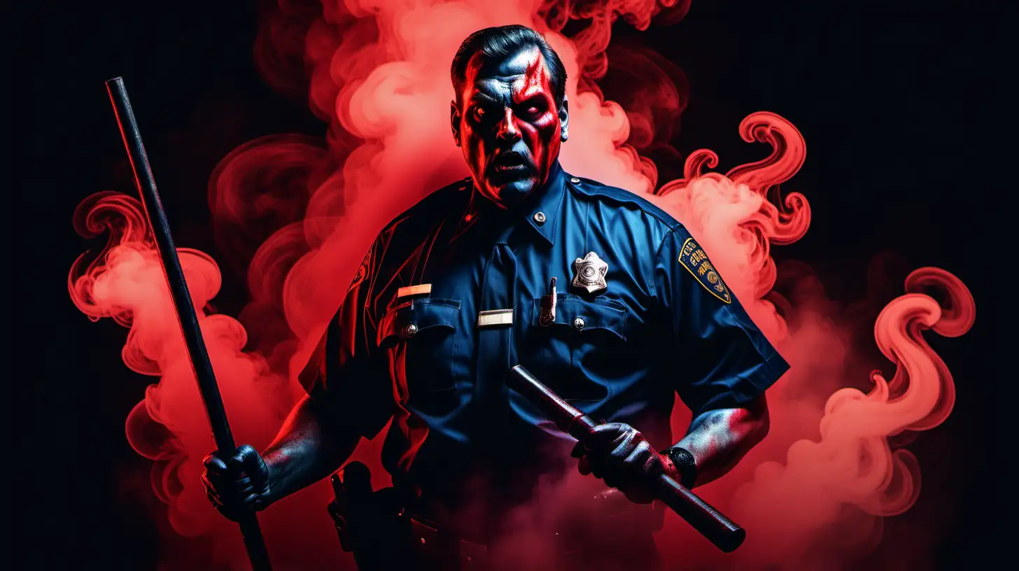 Simplified artwork depicting a big strong evil man character in police uniform with a baton and a menacing horror expression on his face and red smoke fog in double exposure style, minimalistic painting, red and neon fog design, movement, smoke ink style, linear black line art, streaming outline , dark background, high contrast --ar 16:9