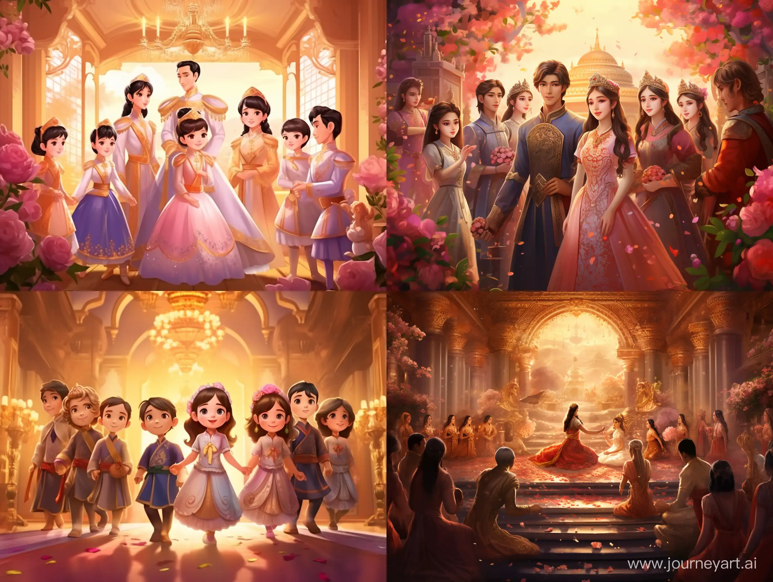 Illustration like a fairytale of the king wizard and the queen, they are in Thai palace. They have 12 daughters. Thai atmosphere 