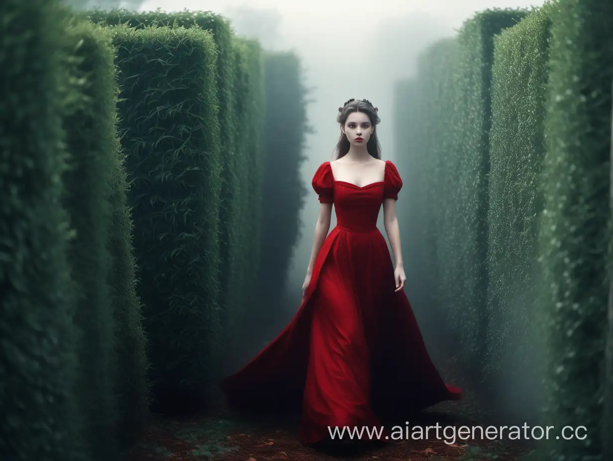 Нарисуй благородный аристократизм с девушкой в красном платье в лабиринте из кустарников, который весь в мгле