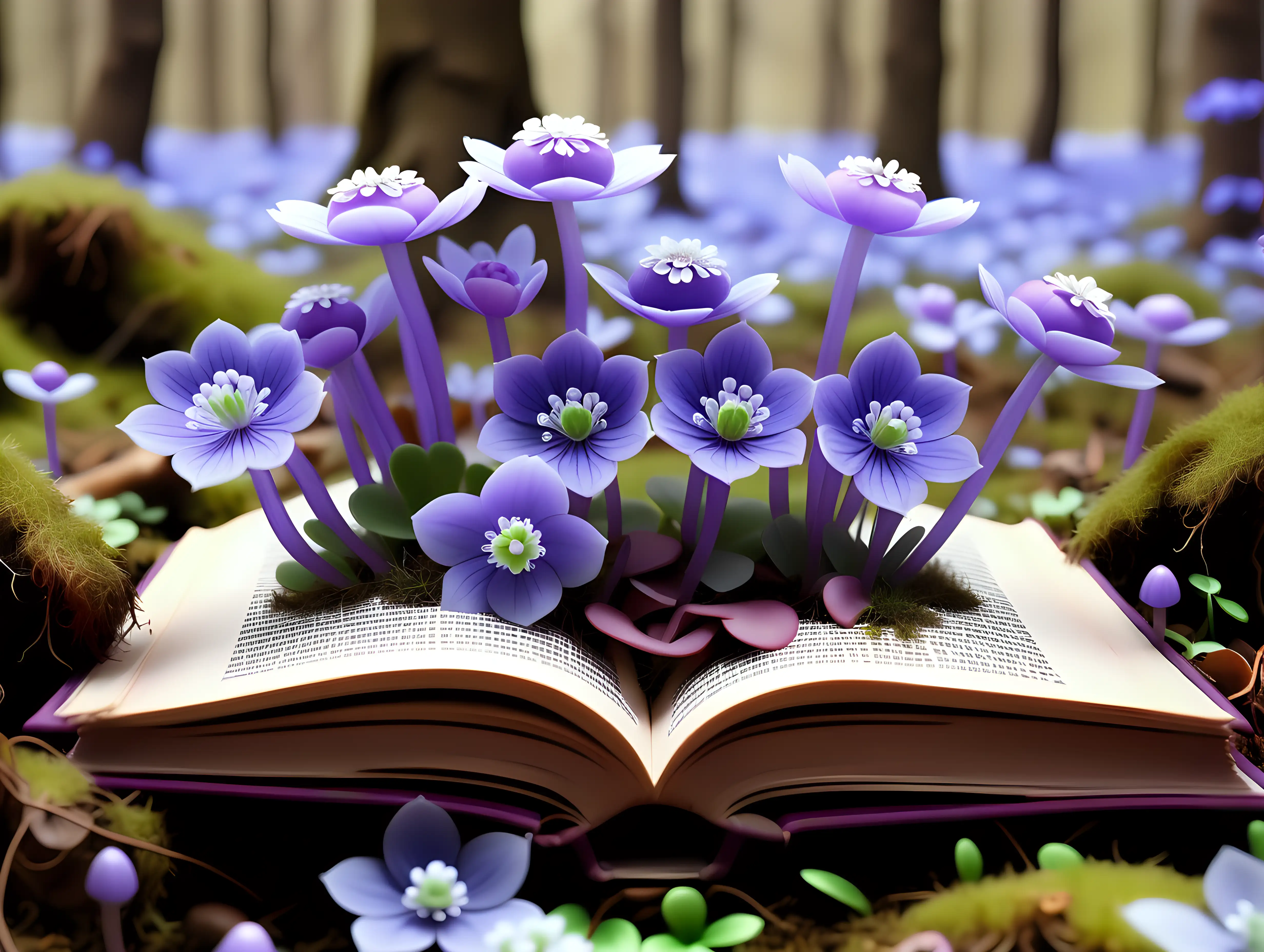magical open book surrounded by hepatica flowers in a spring forest