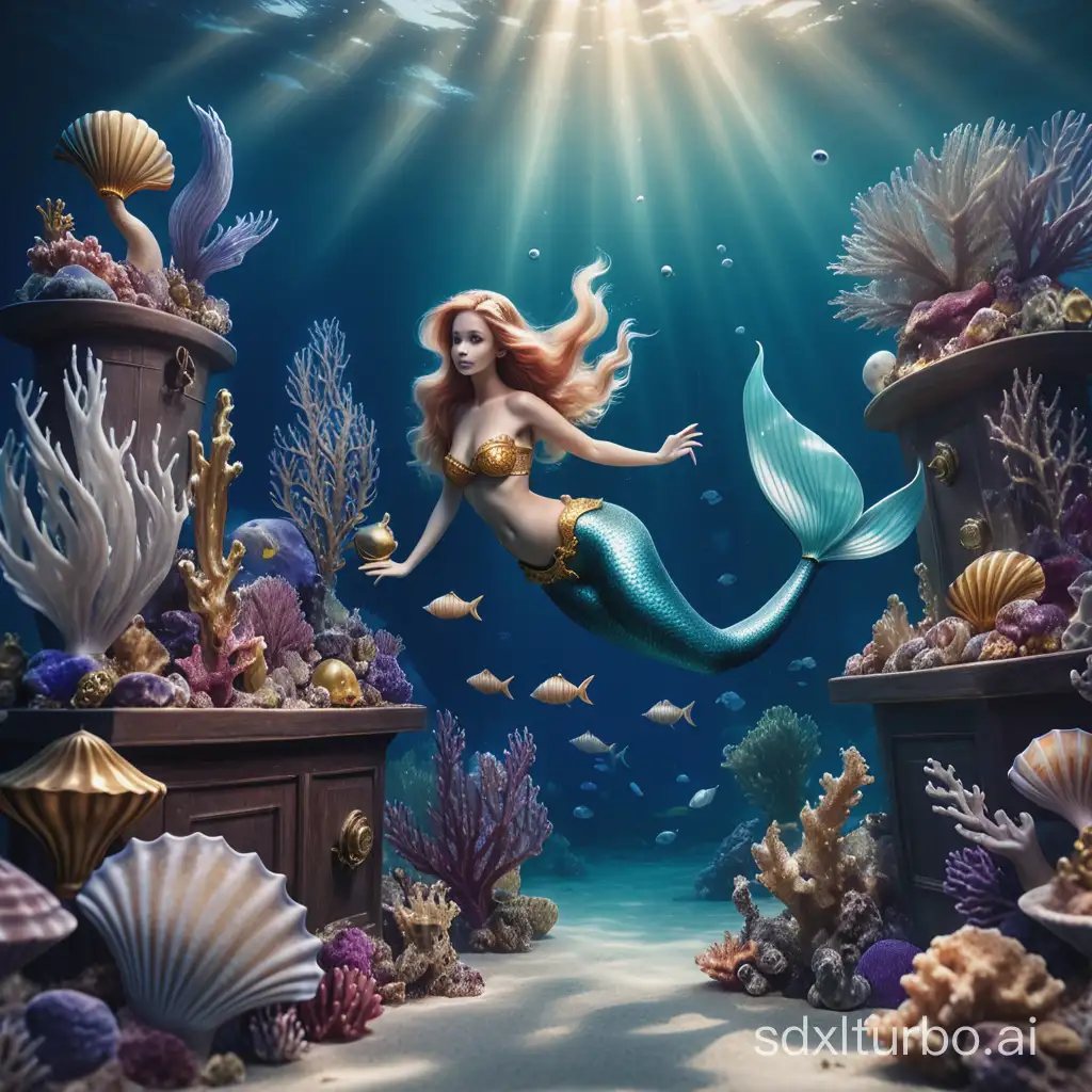 Underwater scenes with mermaids, treasure, and marine life.