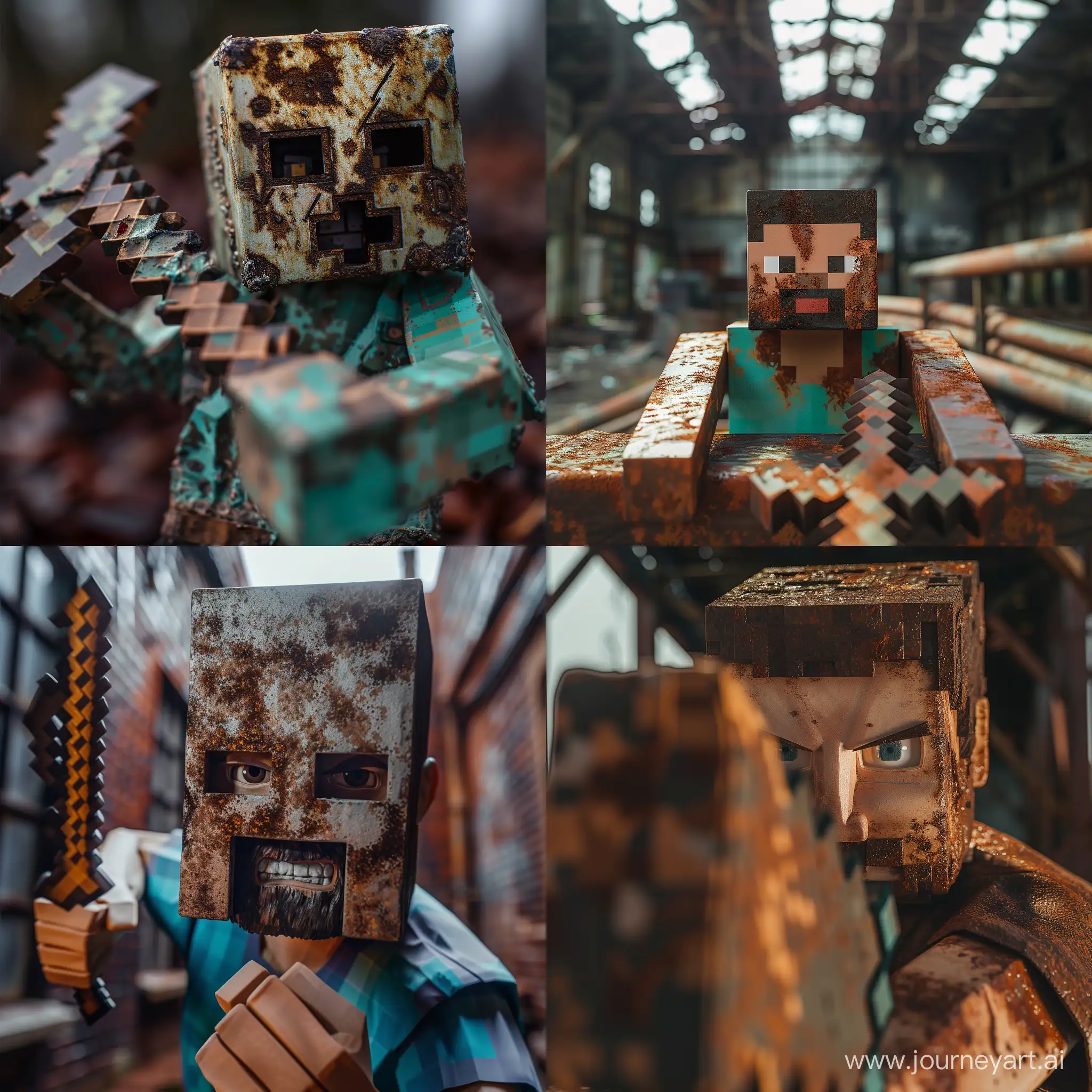 Персонаж из Minecraft становится главным выживальцем в мире апокалипсиса, 4к, реализм, красивое ржавое оружие против зомби, красивый кадр, взгляд в камеру, брутальное фото, красивый стив