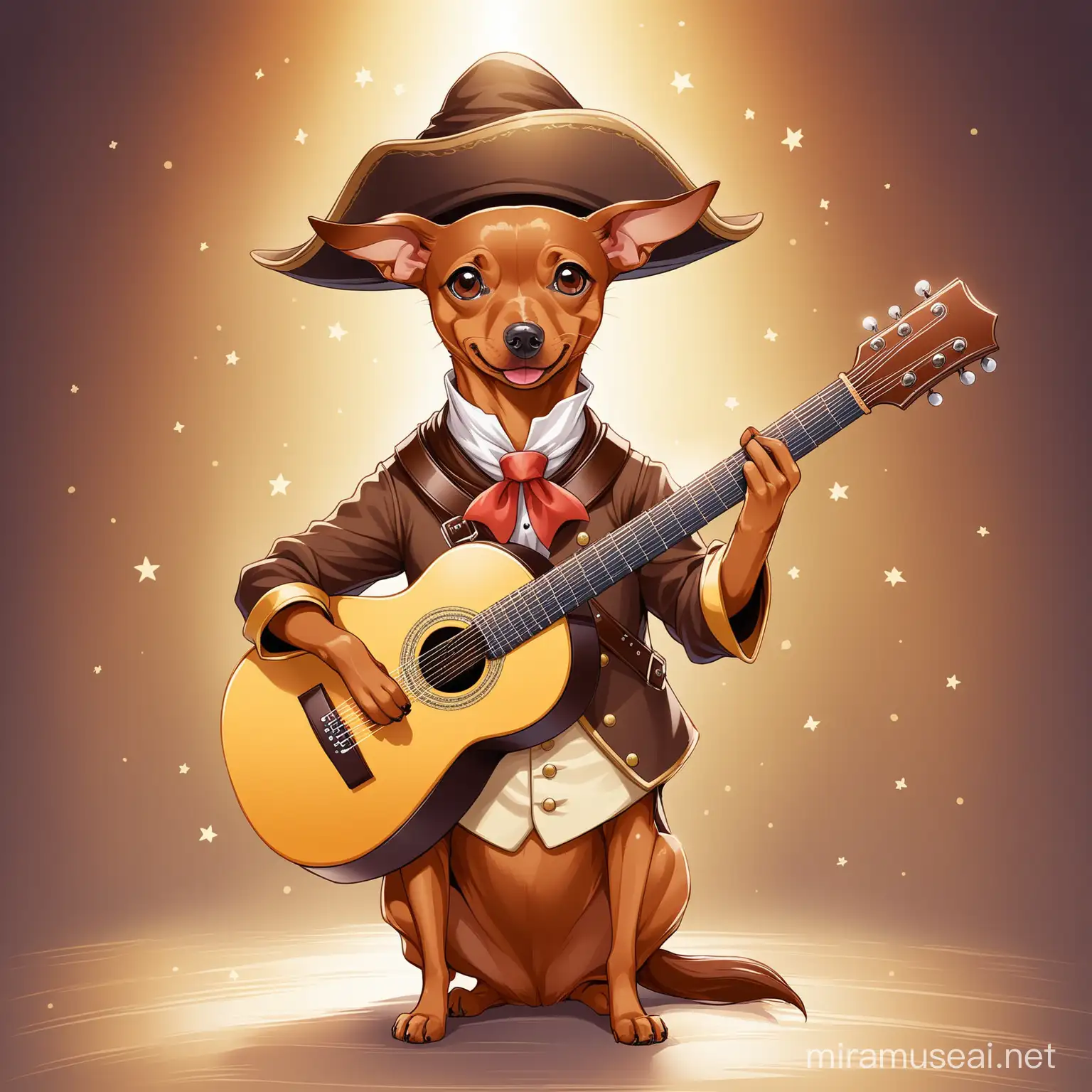 light brown pinscher dog dressed a a  bard with a guitar