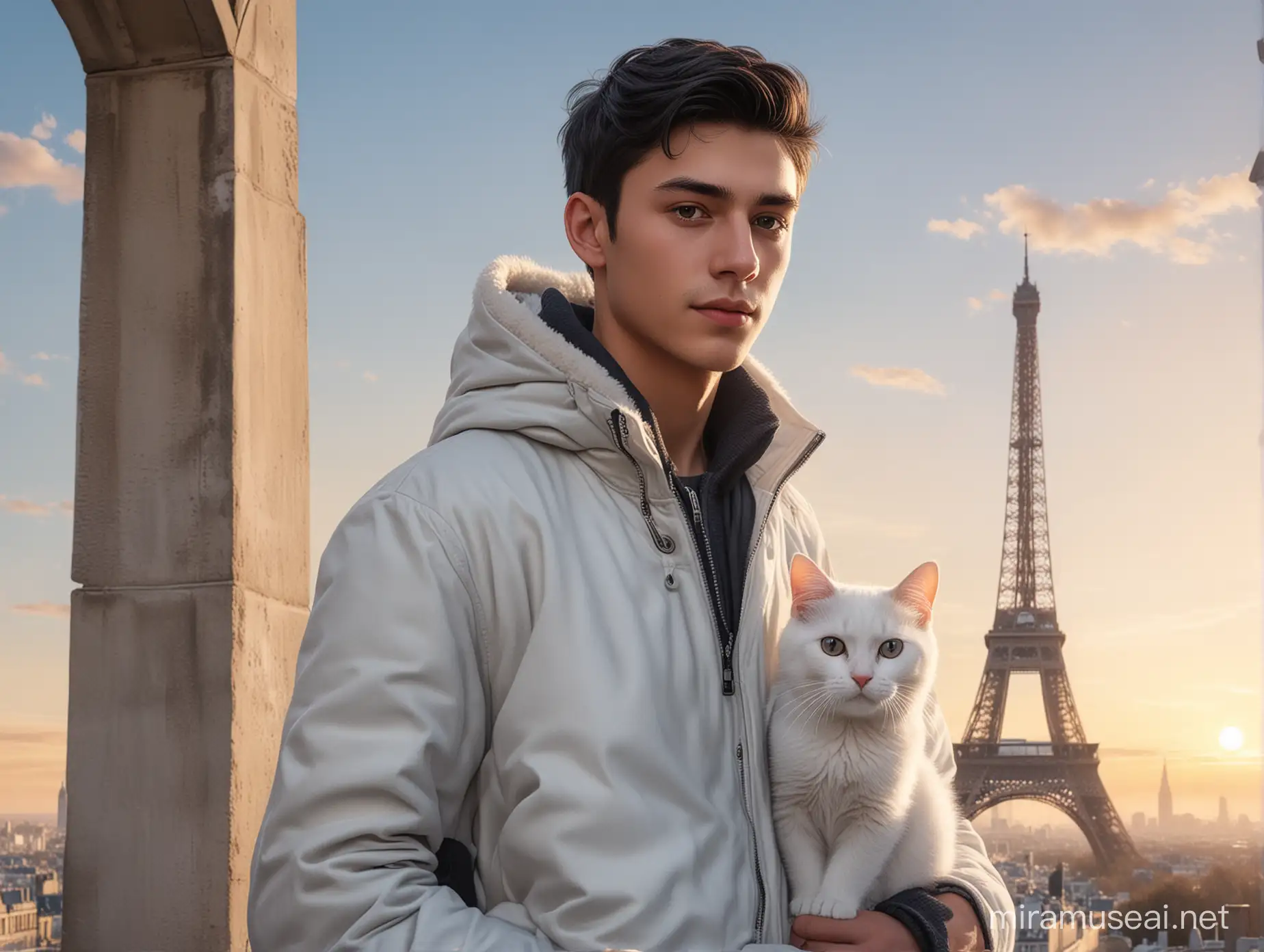menampilkan menara eiffel yang tinggi, seorang pemuda sangat tampan, berusia 18 tahun, berambut hitam dan pendek, memakai jaket musim dingin,sedang berdiri bersama seekor kucing putih saat pagi hari, Ultra Realistic
