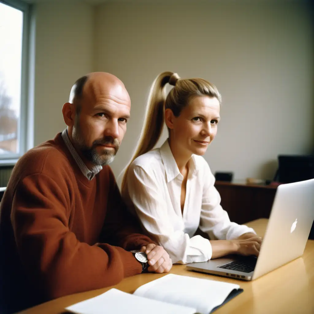 An author couple, woman and man around 45 years old. Use kodak gold 400. Put them in an apartement, Swedish  style, at a desk. The background should be windows. The woman and man should have a modern look. Make them a bit younger and energetic. He should have hair and not be bald. They should have laptops and not pens. Add hair on his head. Make her hair in a pony tail. Add laptops on the desk.