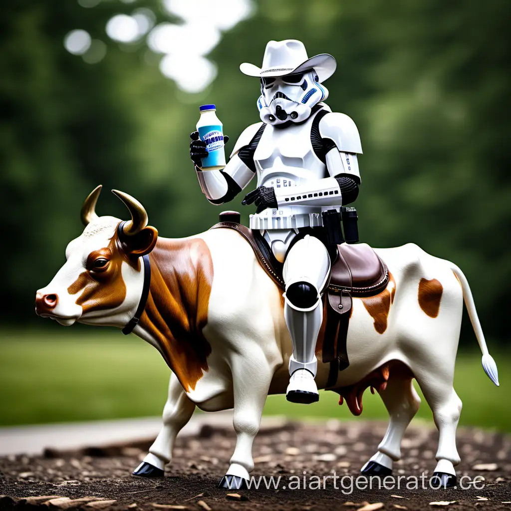 Stormtrooper riding a cow holding wegmans milk wearing a cowboy hat 