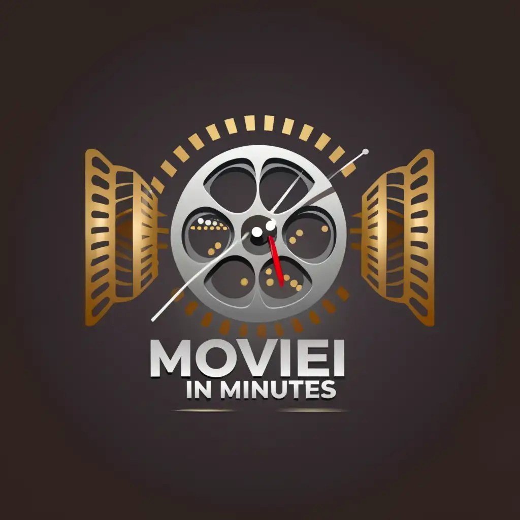 a logo design,with the text "Movie In Minutes", main symbol:The logo features a stylized film reel, with each reel loop forming the shape of a clock. The clock face is positioned in the center, with the hands pointing to specific times, suggesting the idea of summarizing movies in minutes. The typography for "Movie in Minutes" is bold and sleek, placed prominently below the film reel. The overall design is modern and eye-catching, instantly conveying the channel's focus on quick movie recaps,Moderate,be used in Entertainment industry,clear background