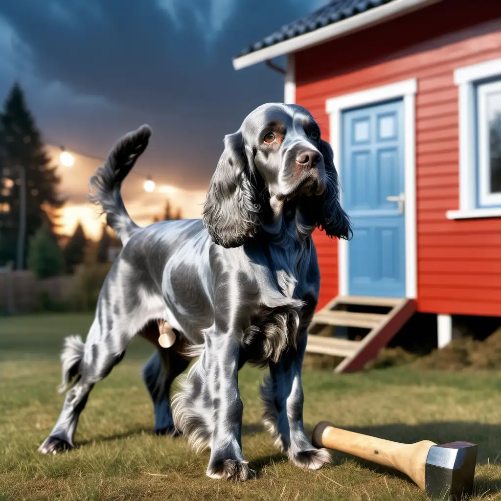 A blue roan cocker spaniel is standing infront of a red house with wite edges in sweeden. the dog is coller blue roan and she is standing on her back legs with a hammer in her left front paw. it is evening and the ligtning is natural. the pickture loocks realistic