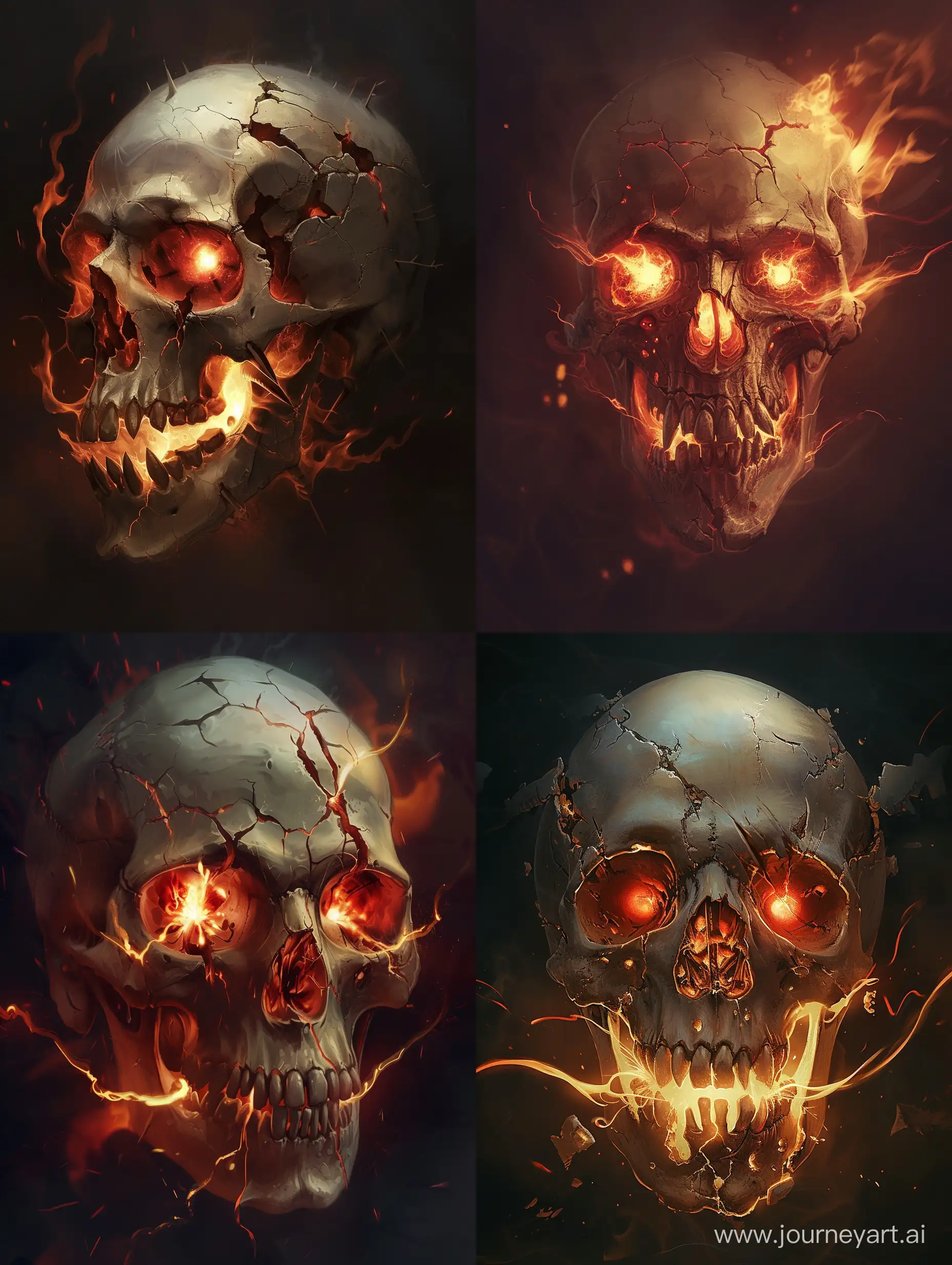 Create an image of a menacing skull with prominent cracks and glowing red eyes. The skull has elongated, sharp teeth and is engulfed in dancing flames. The dark background enhances the ominous and eerie atmosphere, invoking a sense of danger and fear