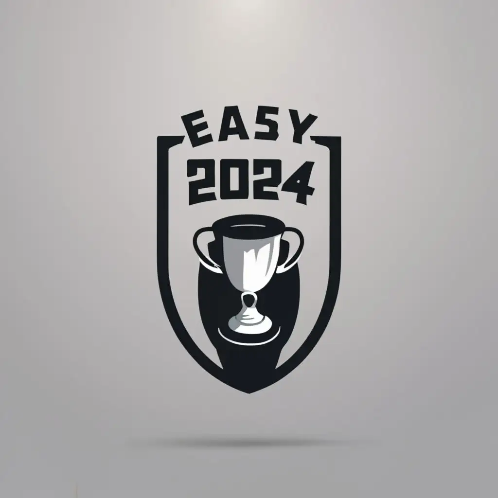 logo, The emblem of the esports team in the form of a black shield. The shield must have a cup and the inscription '2024' MUST be included. The logo must be very brutal in black colors., with the text "easy", typography