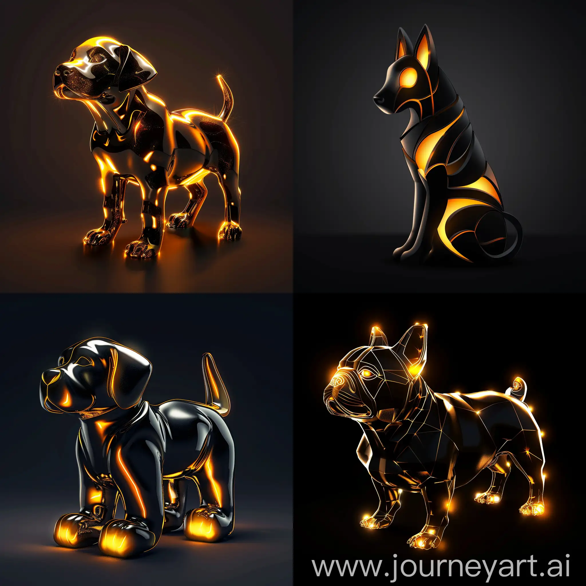 Create A realistic 3D logo, shiny black gold dog,picture of glowing,light dark background,elegant style,fantastic ethereal style,professional writing,high-quality,embossed,futuristic,highly detailed