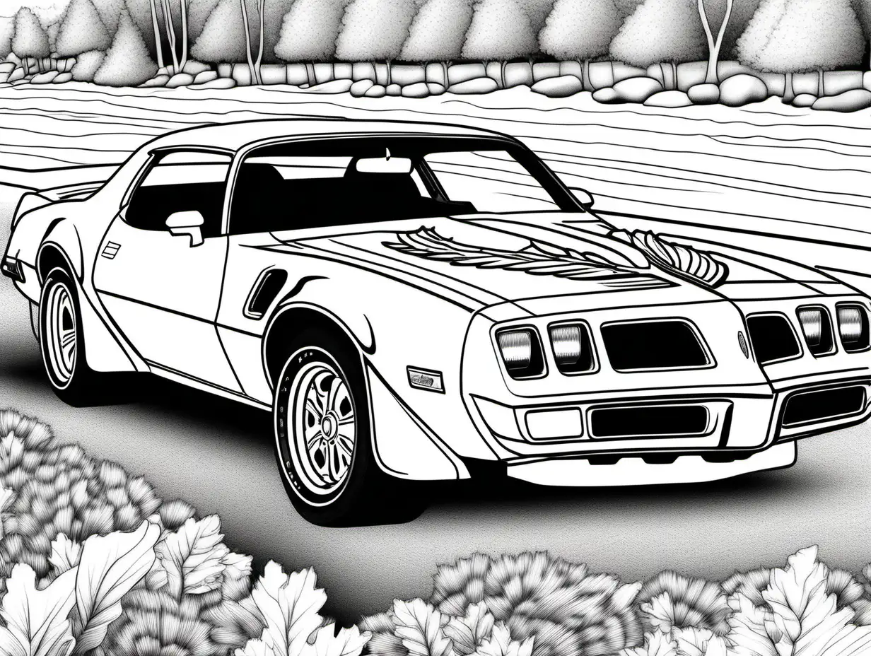 coloring page for adults, classic American automobile, 1977 Pontiac Firebird Trans Am, clean line art, high detail, no shade
