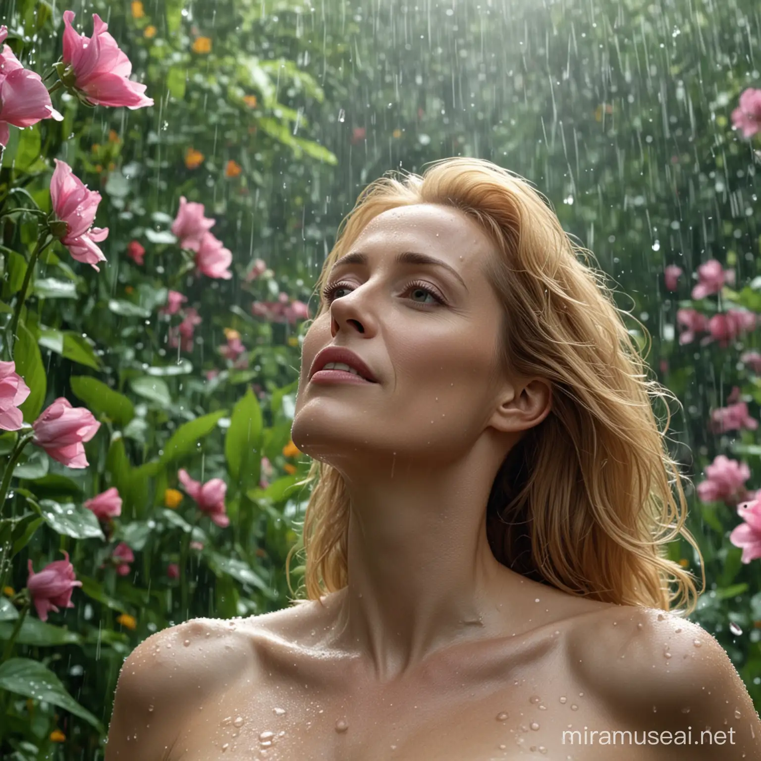 Une superbe image 4K ultra haute définition de Gillian Anderson nue debout dans un jardin fleuri luxuriant. Les yeux fermés, elle lève le visage vers le ciel, laissant la pluie tomber doucement sur son visage et son corps. Les gouttes de pluie créent un effet chatoyant sur sa peau et ses cheveux flottent au vent. L’arrière-plan présente une vaste gamme de fleurs et de verdure vibrantes et réalistes. Les détails 3D et la résolution 8K UHD créent une expérience cinématographique immersive, capturant l'essence d'un moment serein et magique.
