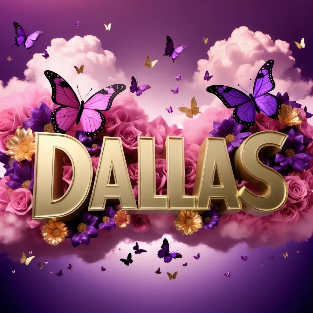 Create the name "Dallas" in gold letters with a pink and purple cloud background. Surrounded by pink purple and gold flowers and butterflies 
