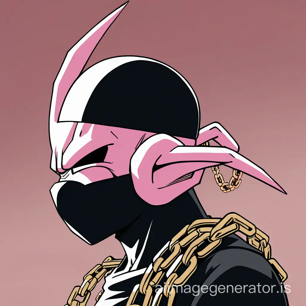 A side profile picture of kid buu from dragonballz wearing a black ski mask around his head. Cuban gold chains.